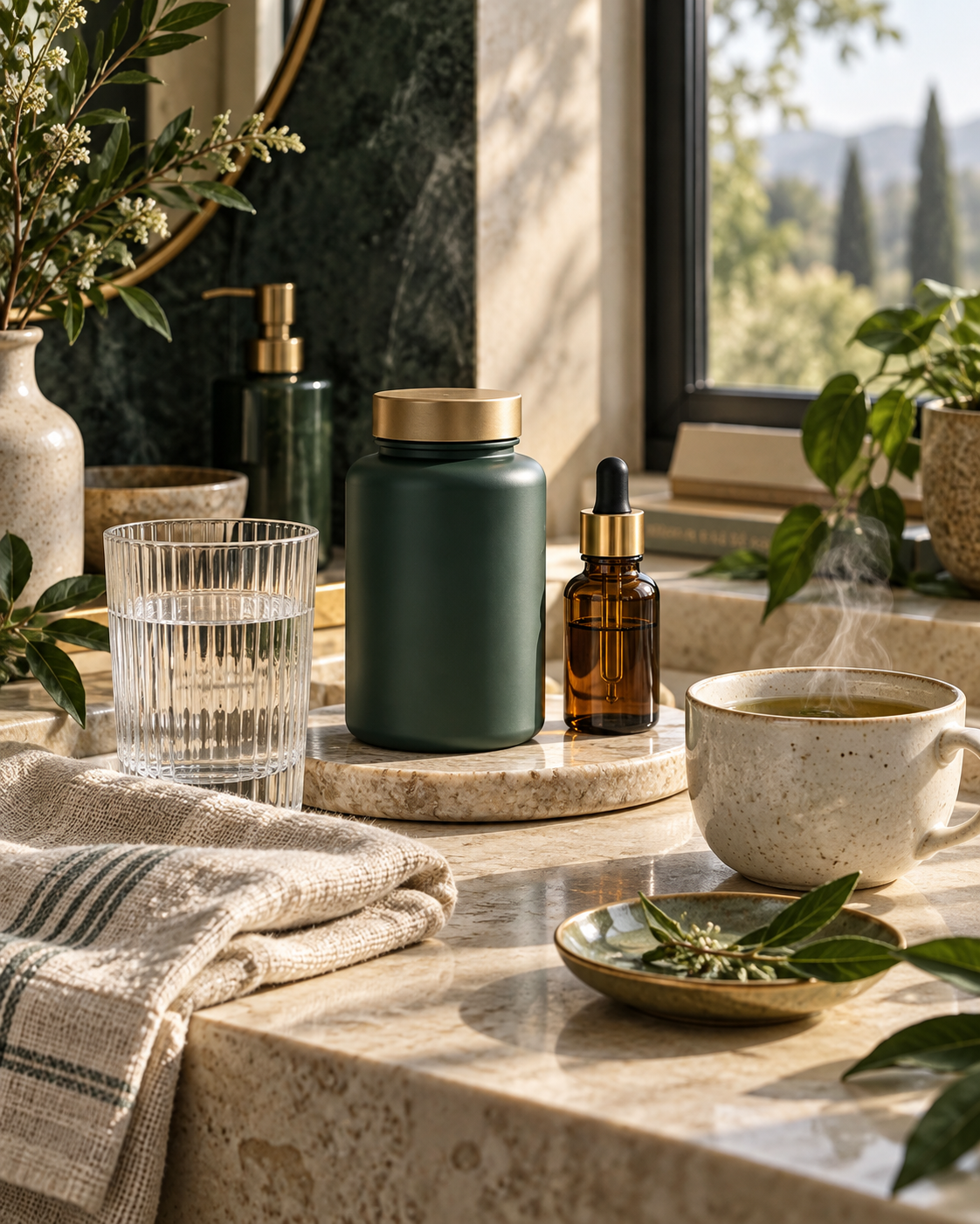 HerbaGrove daily wellness ritual with supplements, tea, and skincare